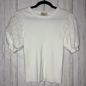 Elie Tahari White Textured Puff Sleeve Blouse Small